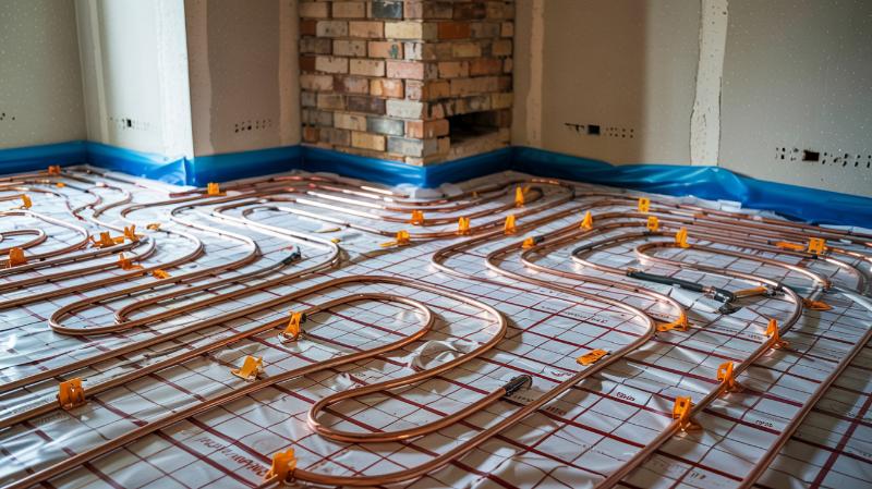 rozprowadzone rury ogrzewania podłogowego
